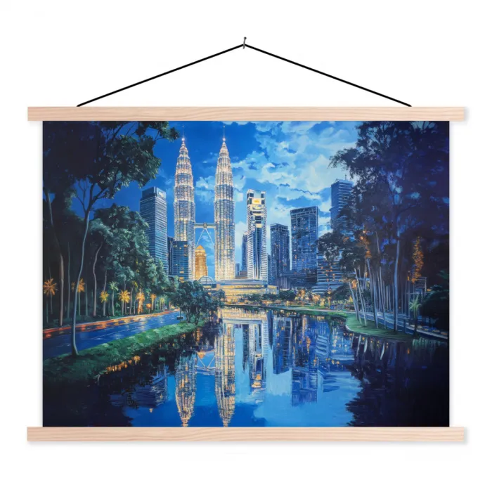 Stad Kuala Lumpur - Skyline - Wolkenkrabbers - Water textielposter latten blank klein -3d