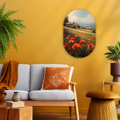 Klaprozen - Rood - Heuvels - Landschap Wandcirkel Ovaal Forex klein -sfeer4
