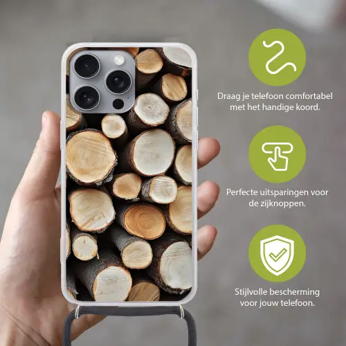 Hout - Boomstammen - Textuur Hoesje iPhone 16 Pro Max met koord klein -sfeer2_NL