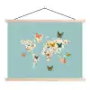 Wereldkaart - Vlinders - Dromerig textielposter latten blank klein -3d