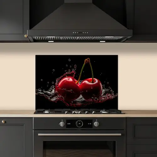 Kersen - Rood - Fruit - Water - Zwart keuken achterwand spatscherm klein -sfeer1