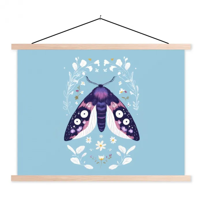 Bladeren - Wit - Vlinder - Insect textielposter latten blank klein -3d