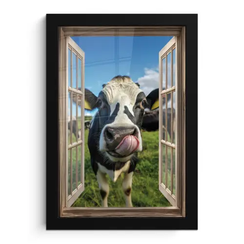 Doorkijk - Koe - Weiland - Dieren - Natuur fotolijst zwart zonder passe partout klein -3d