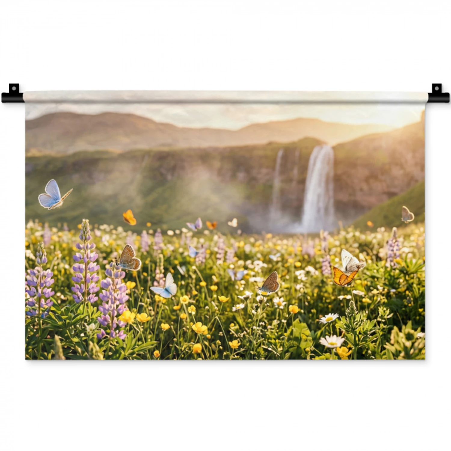Vlinders - Waterval - Bloemenveld Wandkleed katoen klein -zz3d