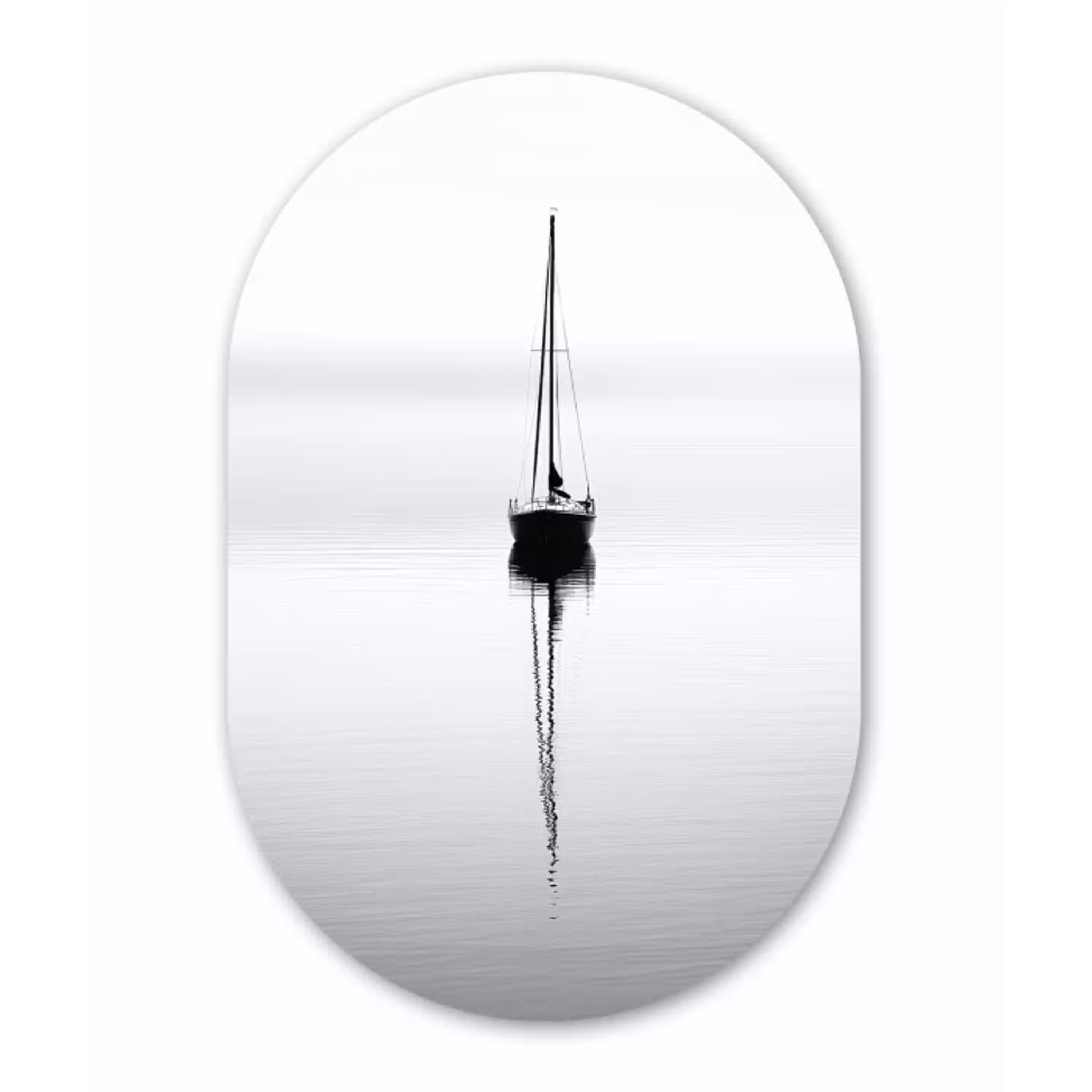 Zeilboot - Zwart - Water - Silhouet Wandcirkel Ovaal Glas middel -3d