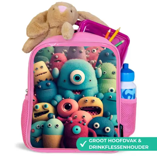 Monster Menigte Kinderrugzak - Roze middel -inhoud_NL