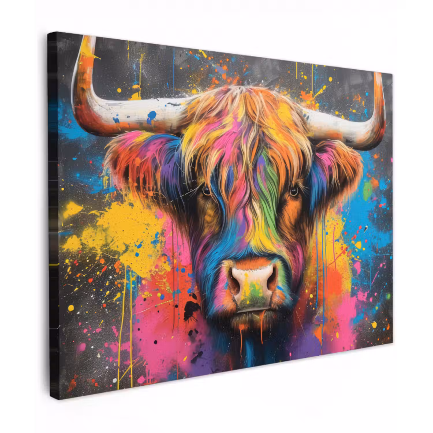 Leinwandbild - Graffiti - Schottische Highlander - Kuh - Bunt