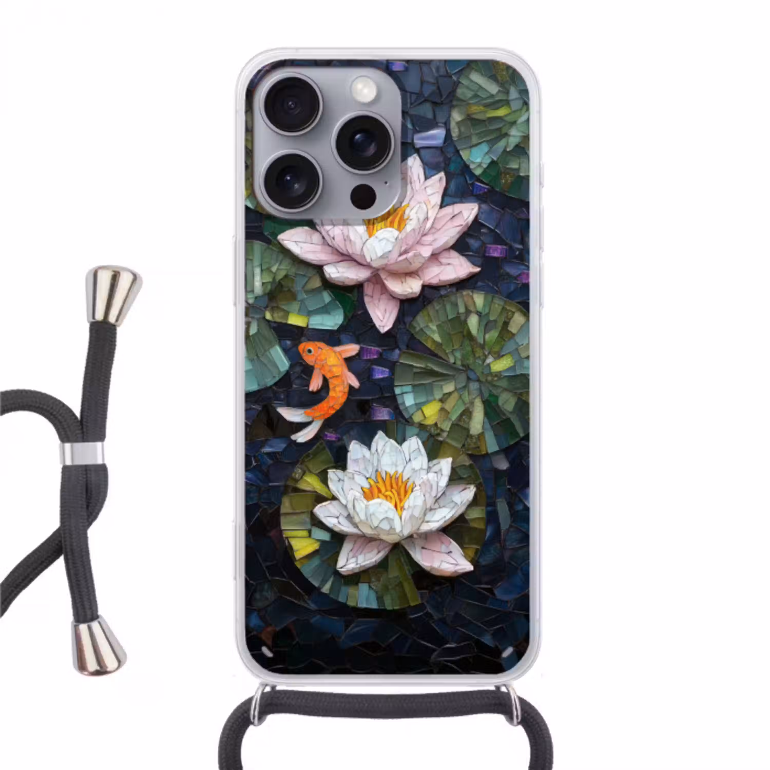 Glasstukjes - Leliebladeren - Vis - Oranje Hoesje iPhone 16 Pro Max met koord klein -3d