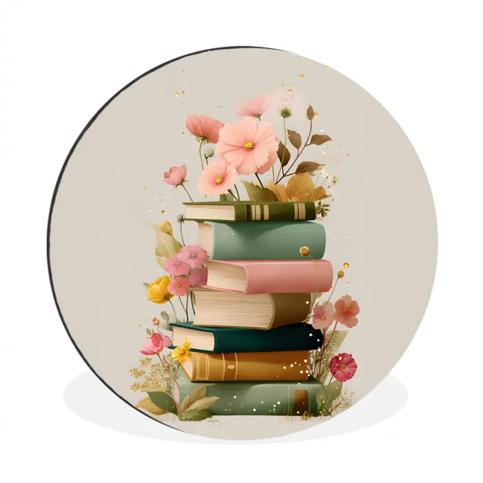 Boeken - Stapel - Bloemen - Kleurrijk Wandcirkel aluminium klein -3d