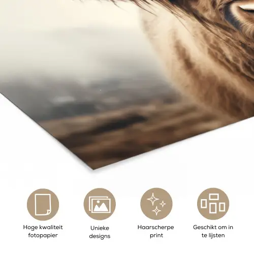 Schotse hooglander - Hoorns - Landschap poster papier klein -closeup_NL