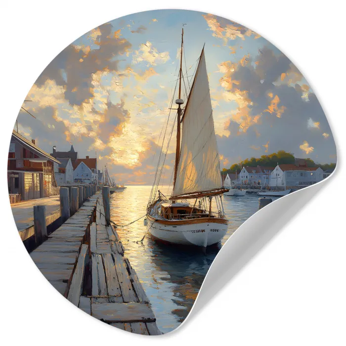 Zeilboot - Zon - Pier - Hout Wandcirkel behangsticker klein -3d