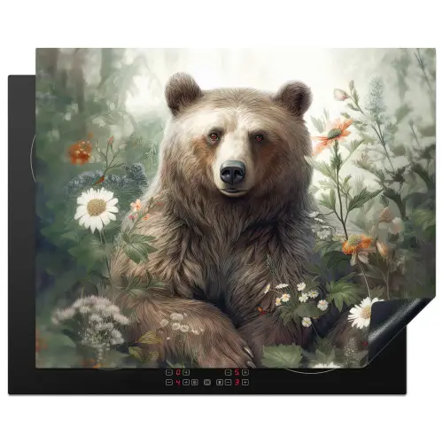 Bruine beer - Wilde dieren - Bloemen - Planten Inductie beschermer vinyl 3mm groot -3d