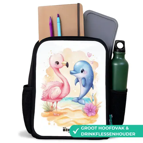 Roze flamingo en blauwe dolfijn op een strand Rugzak - Zwart middel -inhoud_NL