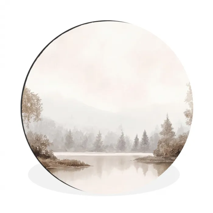 Rivierlandschap - Minimalistisch - Aardetinten Wandcirkel aluminium klein -3d