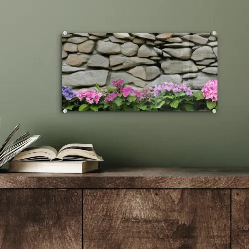 Hortensia’s - Stenen - Muur - Bloemen plexiglas 5mm klein -sfeer3