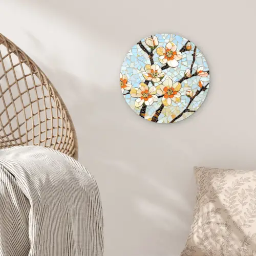 Bloesems - Wit - Mozaïek - Tak Wandcirkel plexiglas klein -sfeer5