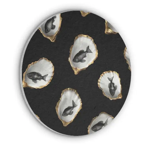 Oesters - Zwart - Vissen - Goud Akoestische PET Vilt - Rond klein -3d