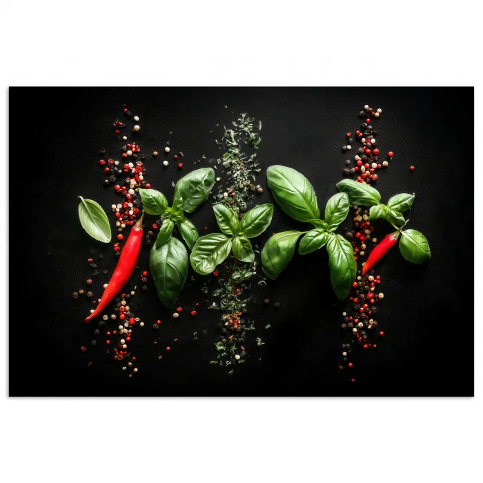 Chilipepers - Basilicum - Blaadjes - Rood poster papier klein -3d