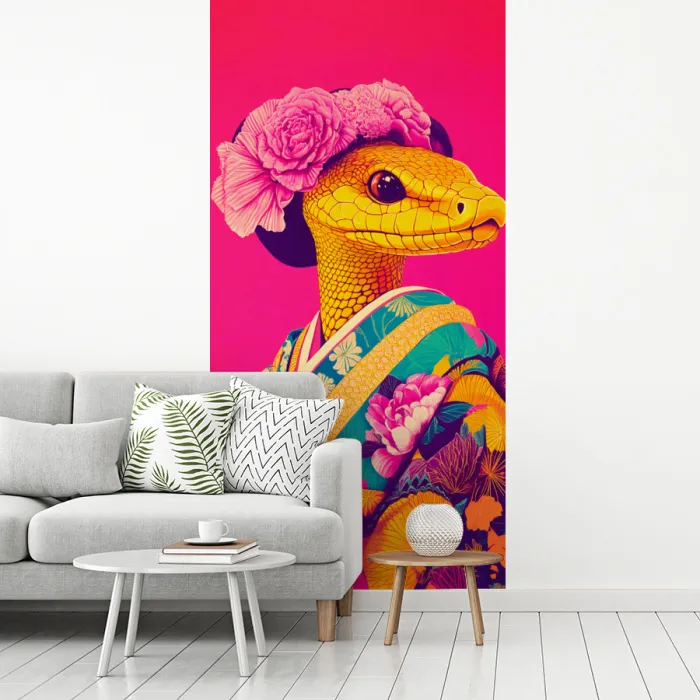 Hagedis - Bloemen - Roze - Kimono fotobehang vinyl groot -woonkamer