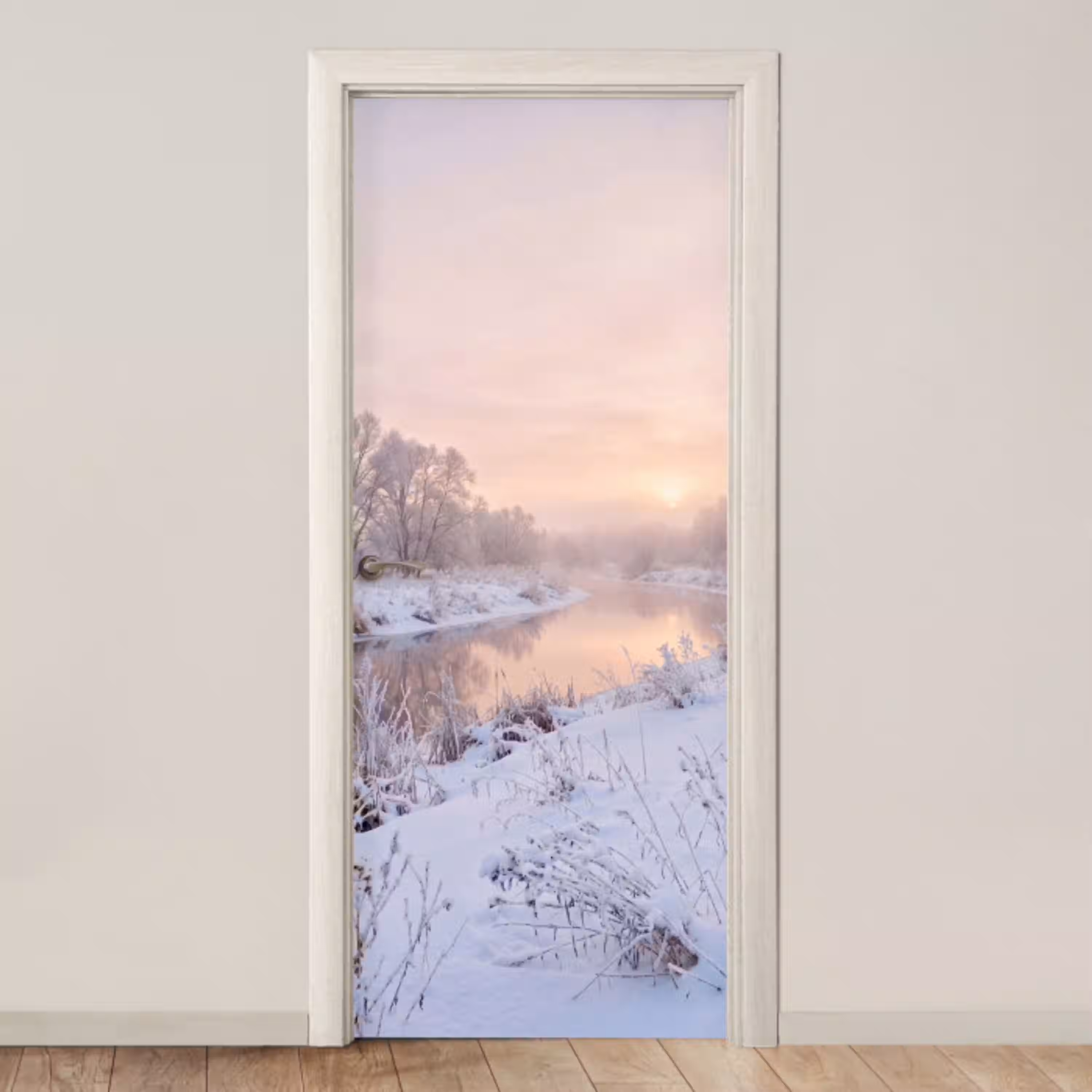 Rivier - Winter - Landschap - Sneeuw - Zonsopgang deurposter klein -3d_beige