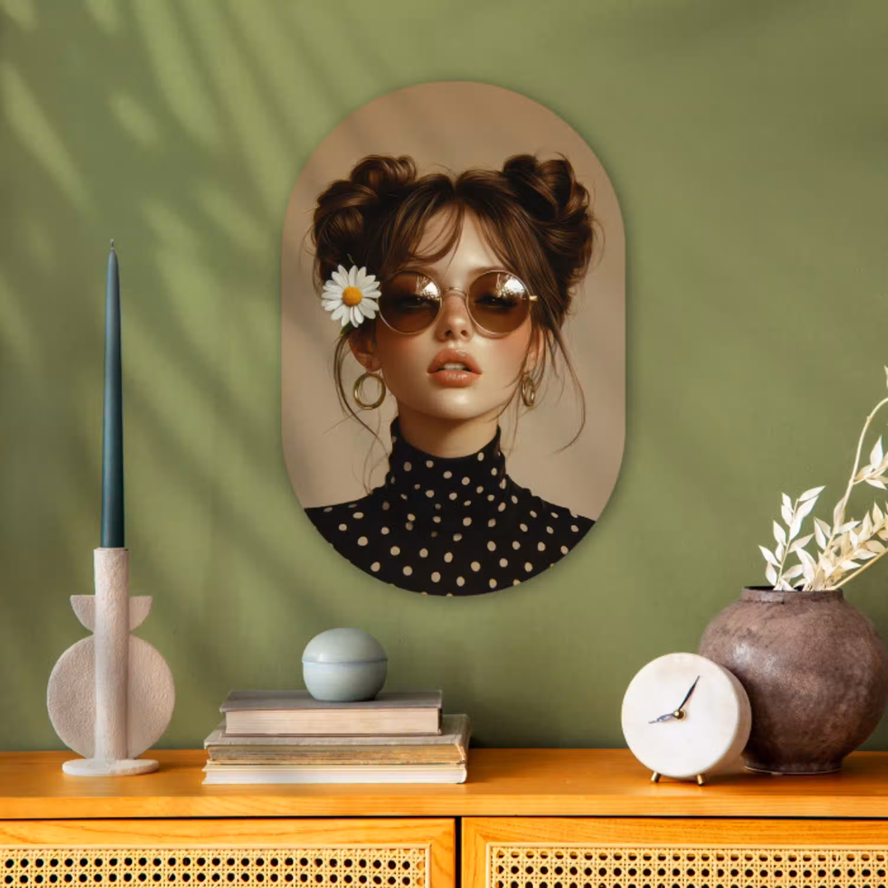 Vrouw - Beige - Bloem - Modern - Portret Wandcirkel Ovaal Forex klein -sfeer2