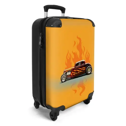 Bruine auto met gele vlammen Koffer - NBS - Handbagage middel -productfoto_3d
