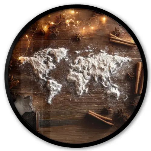 Wereldkaart - Poedersuiker - Hout Fotolijst rond zonder passe partout klein -3d
