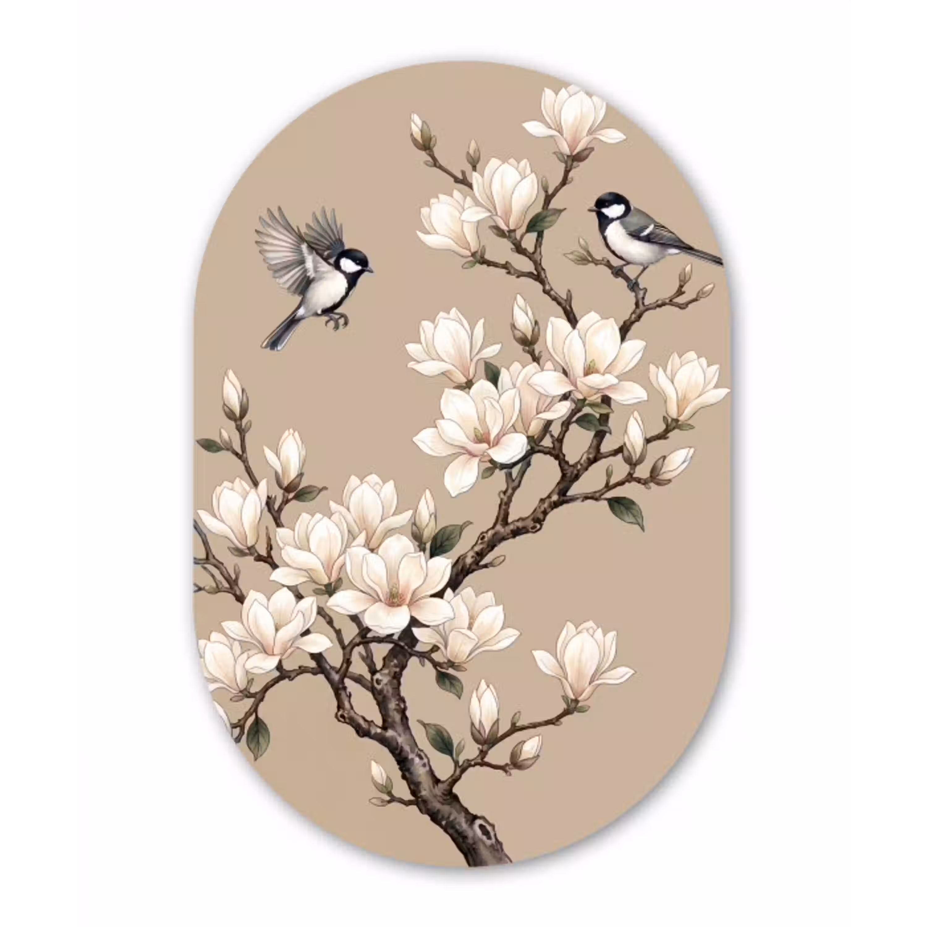 Oosters - Vogels - Beige Wandcirkel Ovaal Aluminium middel -3d