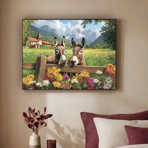 Ezels - Bloemen - Zomers Textielframe zwart klein -sfeer1