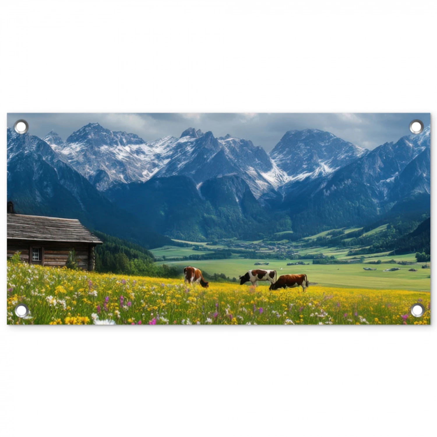 Alpen - Weide - Bergen - Koeien tuinposter los doek klein -3d