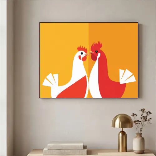 Kippen - Oranje - Vlakken Textielframe zwart klein -sfeer2
