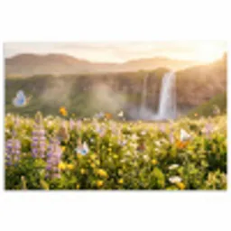 Vlinders - Waterval - Bloemenveld poster papier klein -3d