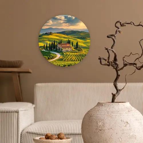 Toscane - Landschap - Wijngaarden Wandcirkel plexiglas klein -sfeer1