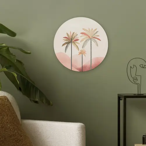 Palmbomen - Heuvels - Minimalistisch - Zachtroze Akoestische PET Vilt - Rond klein -sfeer2