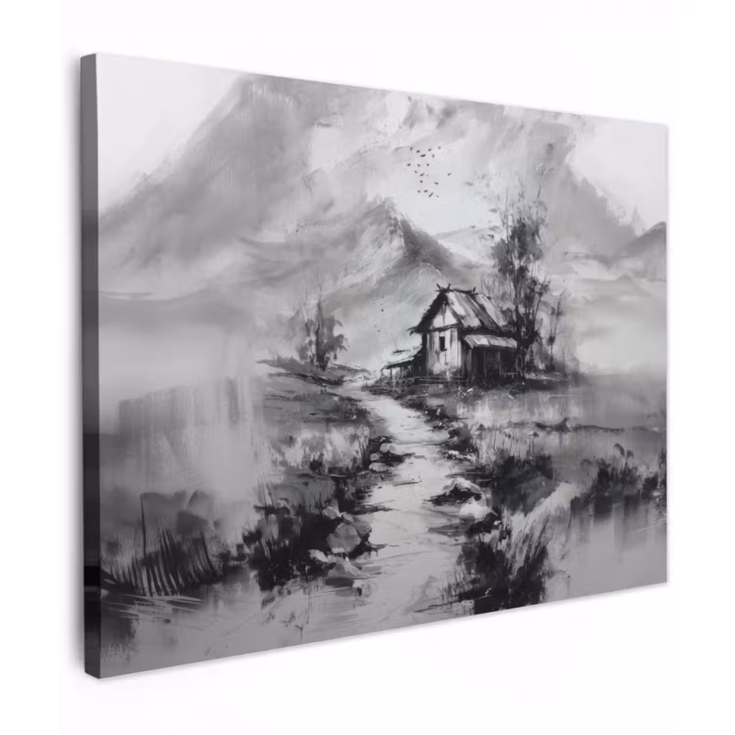 Leinwandbild - Hütte - Grau - Berge - Neblig