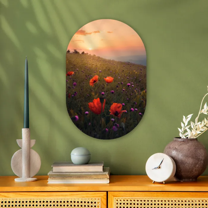 Bloemenveld - Gras - Bloemen - Planten - Zonsondergang - Oranje Wandcirkel Ovaal Forex klein -sfeer2