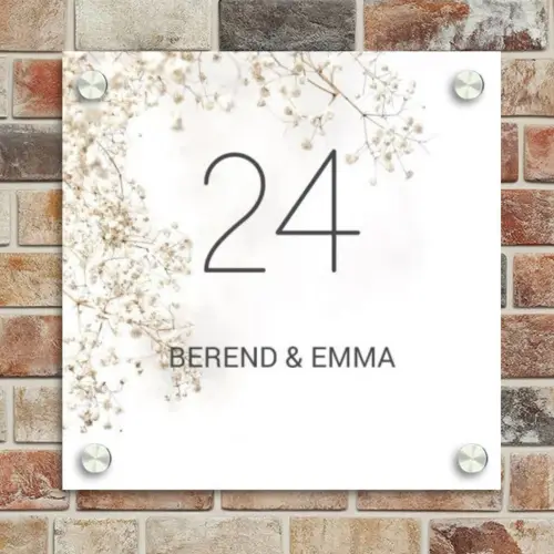 Wit met bloementakjes - Klassiek Naambord Vierkant klein -sfeer2