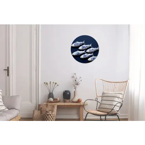 Vissen - Delfts - Blauw - Keramiek Wandcirkel aluminium klein -woonkamer