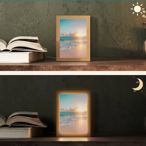 Zonsondergang - Strand - Zee - Zomer - Blauw Light Box met kabel (Tafellamp) klein -sfeer3