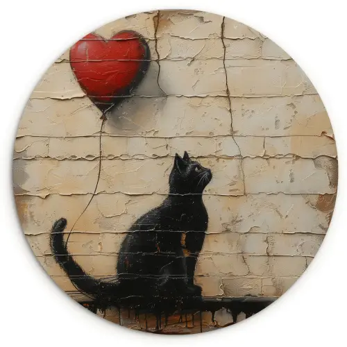 Street art - Kat - Ballon - Graffiti - Banksy Wandcirkel kunststof plaat 5mm dik klein -3d