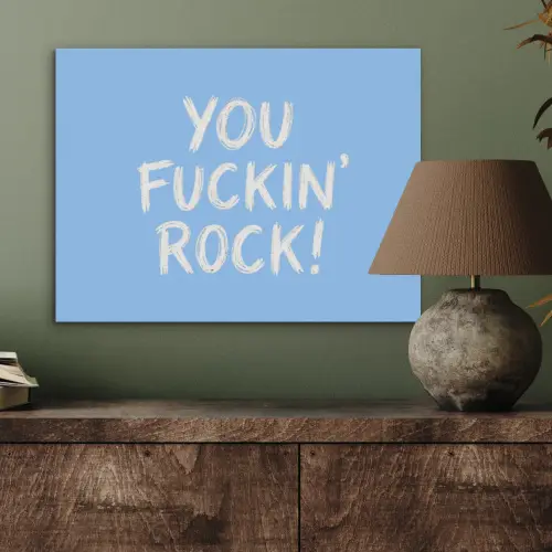 Blauw - Wit - You fuckin rock PET vilt klein -sfeer2