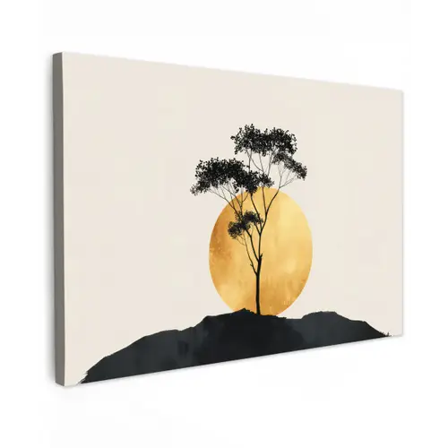 Zwarte boom - Gouden cirkel - Heuvel canvas 2cm klein -z3d
