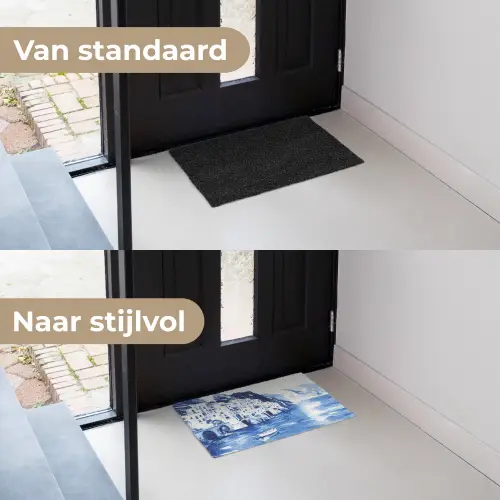 Dorp - Rotswand - Roeiboot - Water Deurmat klein -voor-na_NL