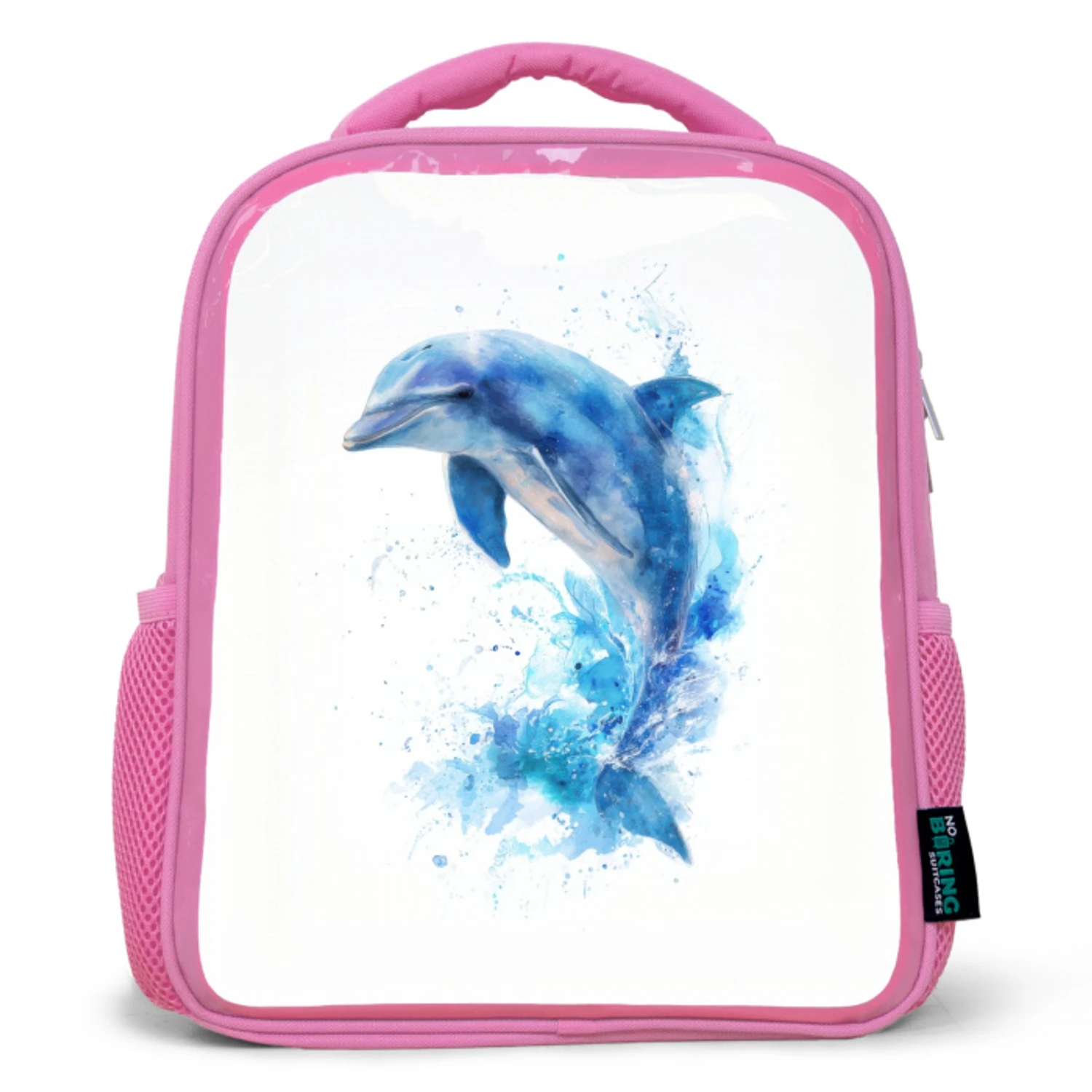 Springende dolfijn in aquarelspetters Kinderrugzak - Roze middel -3d