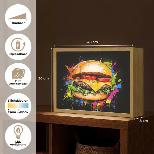 Hamburger - Graffiti - Verf - Kleurrijk - Eten - Abstract Light Box met batterij (Wandlamp) middel -USP_websiteoverzichtNL