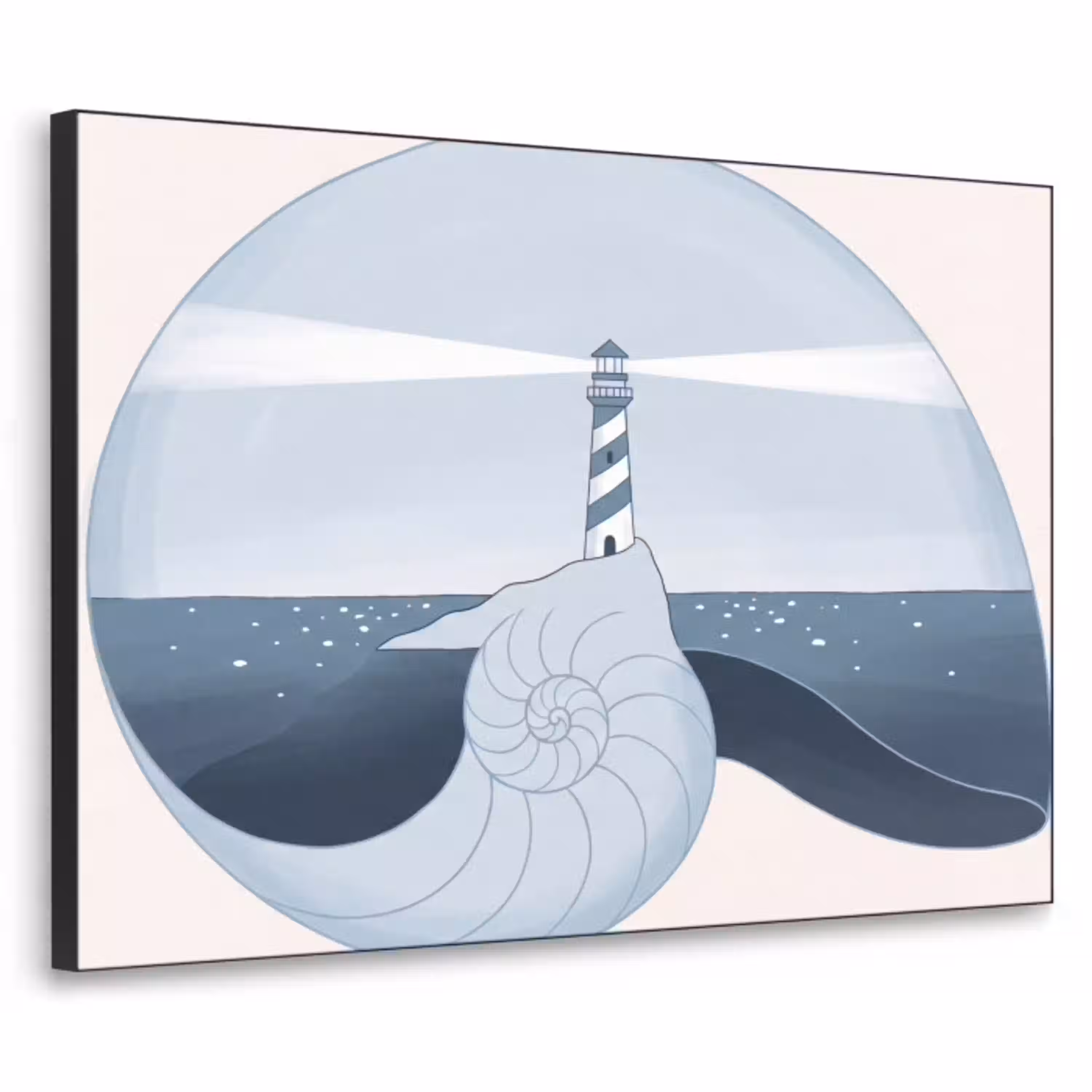 Vuurtoren - Zee - Schelp - Abstract - Blauw Textielframe zwart klein -3d