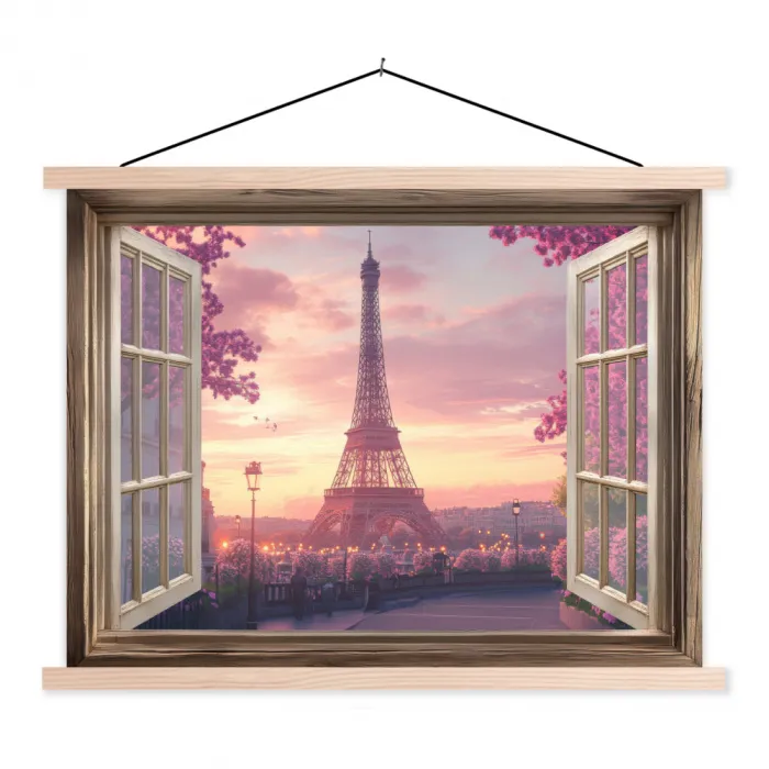 Doorkijk - Parijs - Eiffeltoren - Roze - Kersenbloesem textielposter latten blank klein -3d