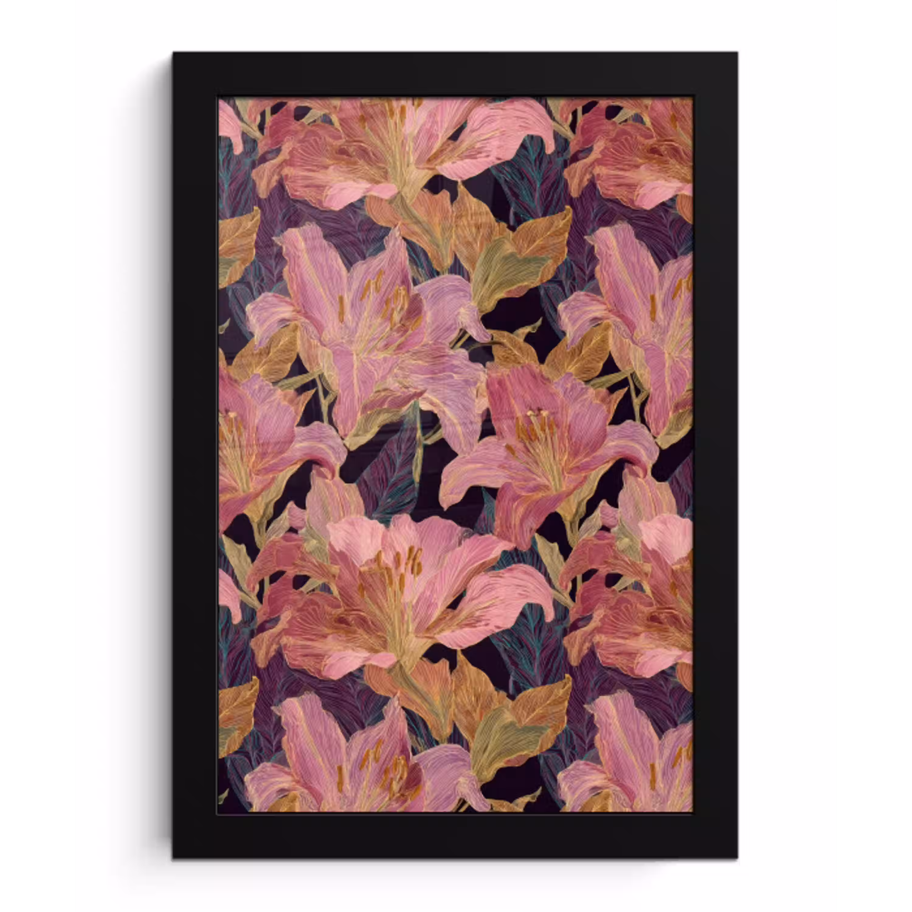Lelies - Patroon - Roze - Goud fotolijst zwart zonder passe partout klein 224 -3d