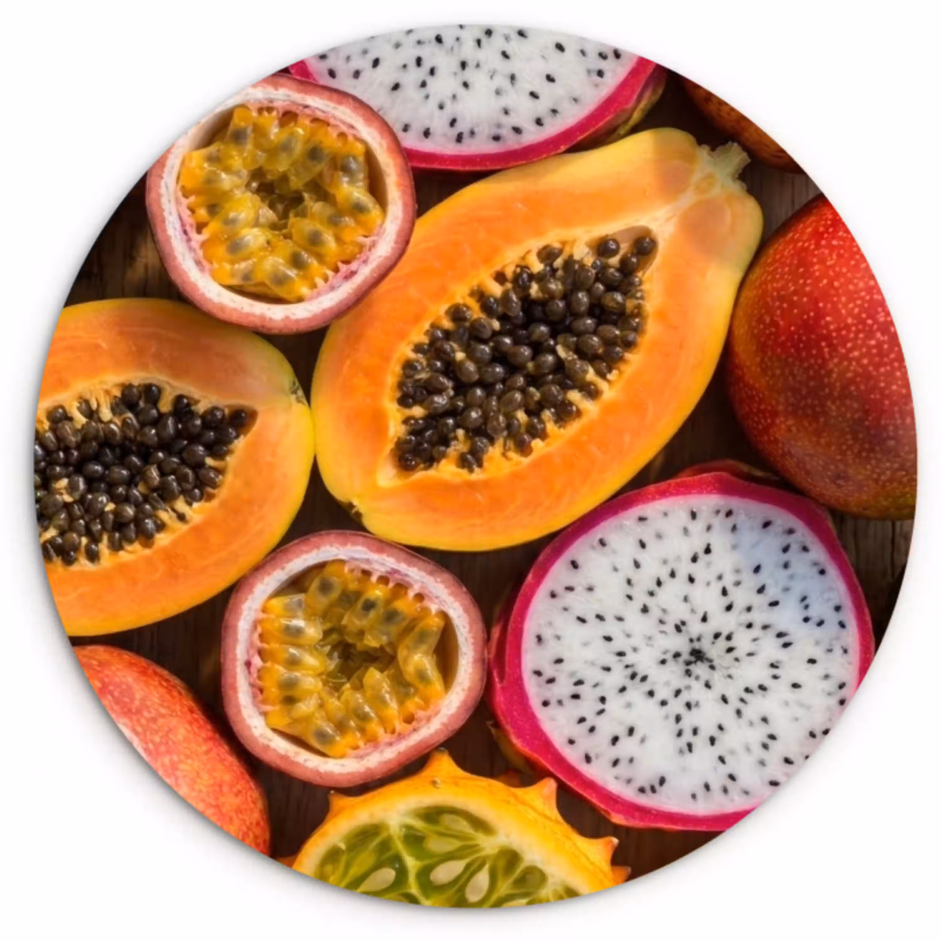 Fruit - Geopend - Tropisch - Eten - Kleurrijk Wandcirkel kunststof plaat 5mm dik klein -3d