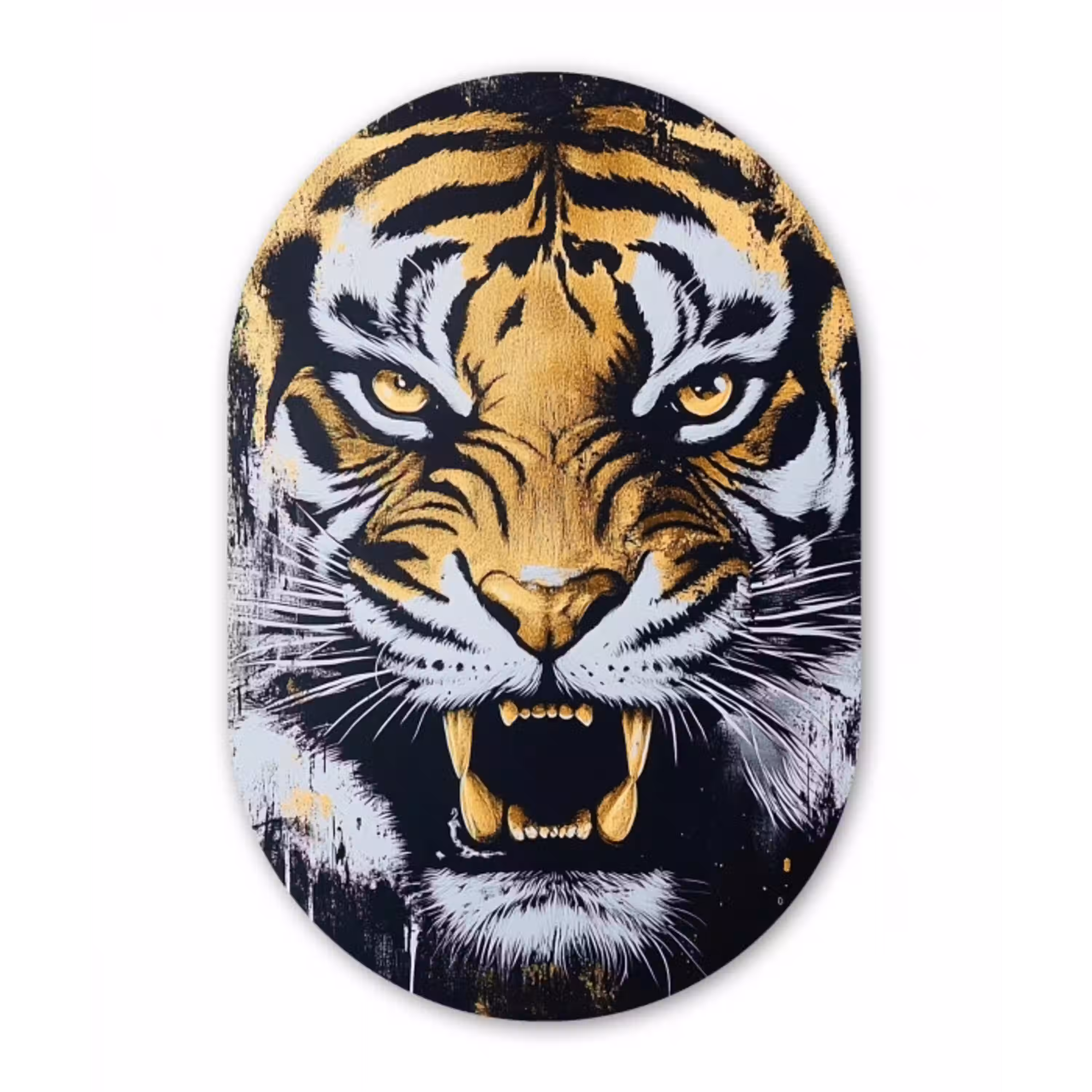 Tijger - Verfspatten - Goud Wandcirkel Ovaal Glas middel -3d